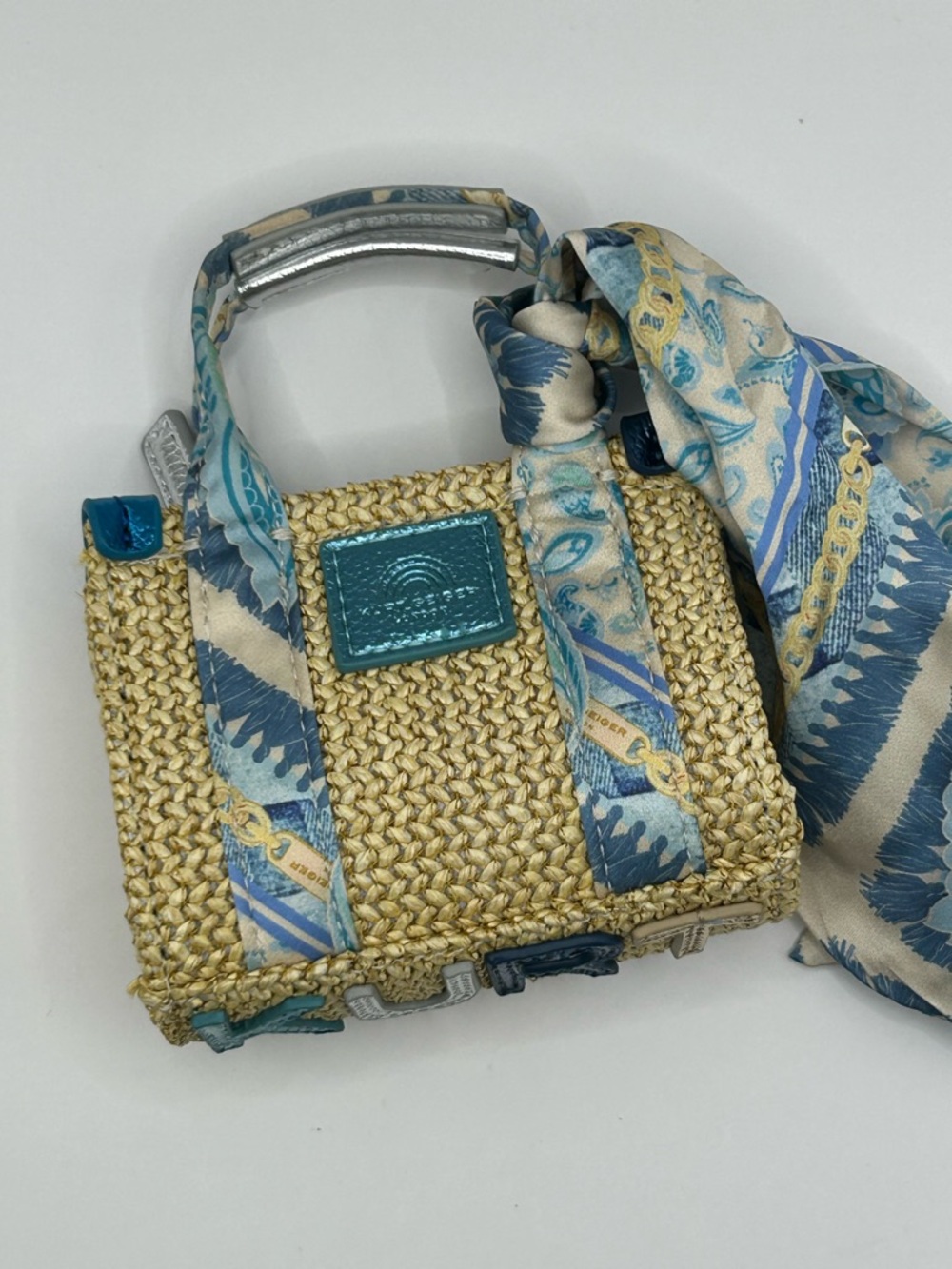 Kurt Geiger Straw Mini Bag with Blue Scarf Detail